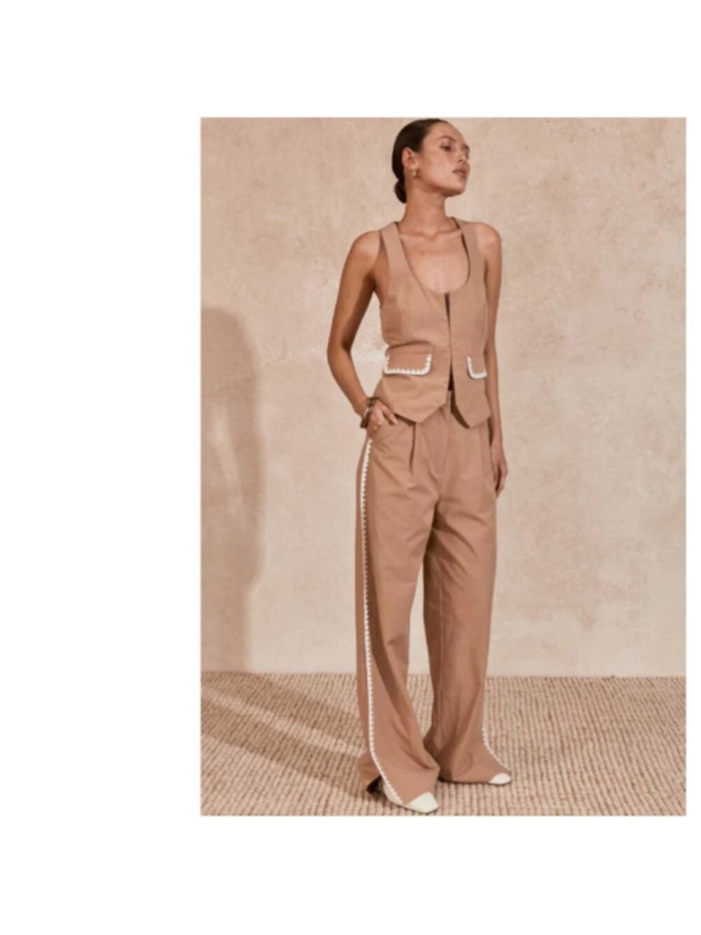 MØN RENN Tan Vest & Wide Leg Pant Set Scalloped Trim Cotton Embroidery USA S